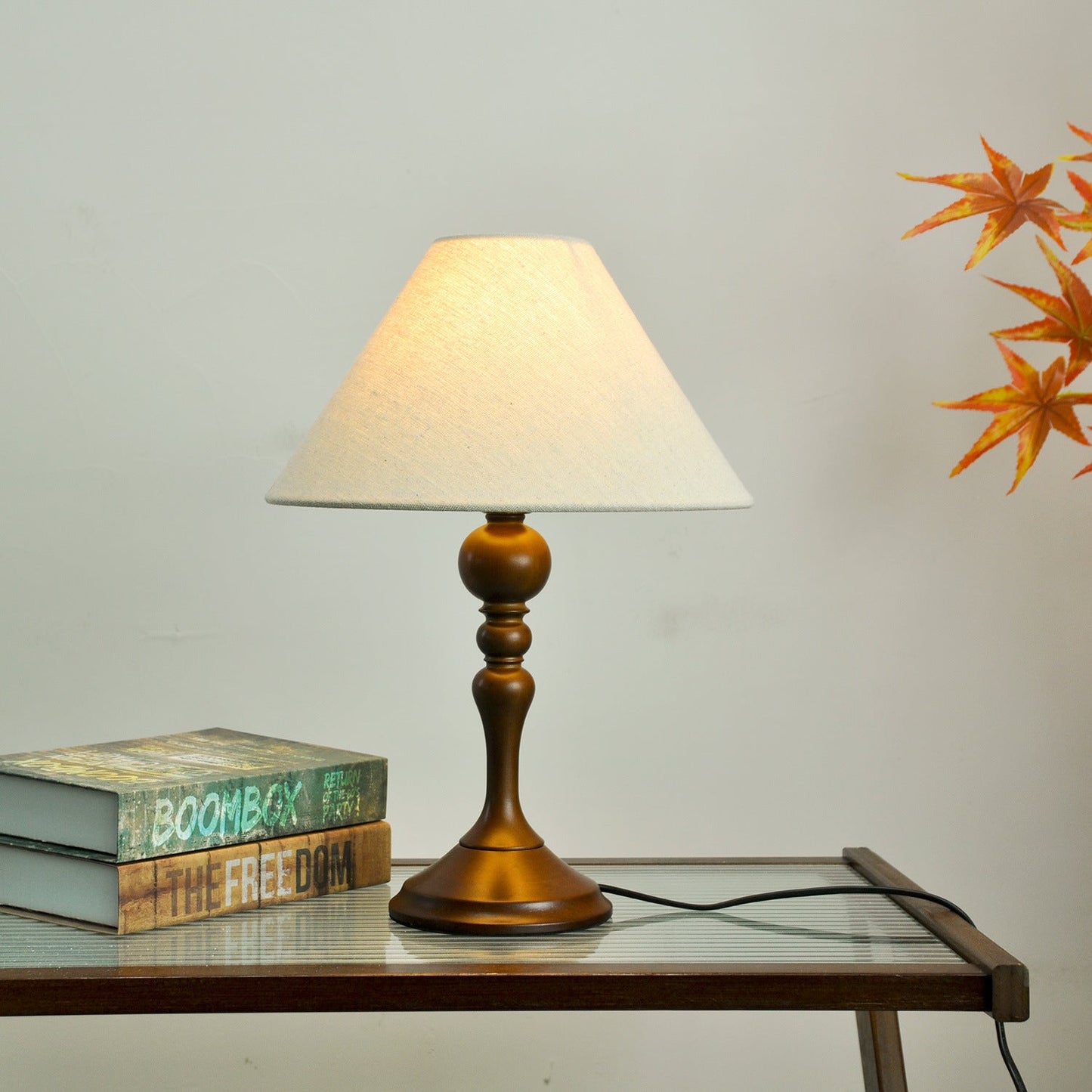 Traditional Vintage Round Trapezoidal Solid Wooden Base Fabric Shade 1-Light Table Lamp For Bedroom