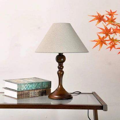 Traditional Vintage Round Trapezoidal Solid Wooden Base Fabric Shade 1-Light Table Lamp For Bedroom