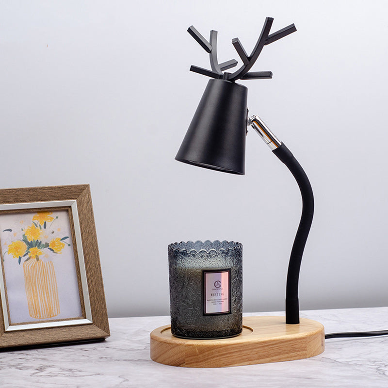 Modern Art Deco Cylinder Antler Wooden Base Iron Shade 1-Light Aromatherapy Melting Wax Table Lamp For Bedroom