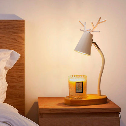 Modern Art Deco Cylinder Antler Wooden Base Iron Shade 1-Light Aromatherapy Melting Wax Table Lamp For Bedroom