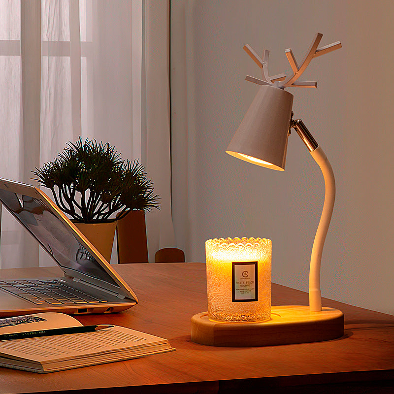 Modern Art Deco Cylinder Antler Wooden Base Iron Shade 1-Light Aromatherapy Melting Wax Table Lamp For Bedroom