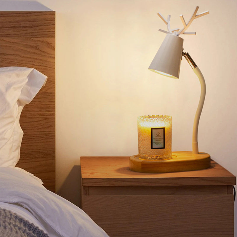 Modern Art Deco Cylinder Antler Wooden Base Iron Shade 1-Light Aromatherapy Melting Wax Table Lamp For Bedroom
