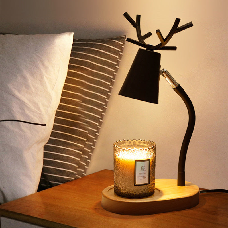 Modern Art Deco Cylinder Antler Wooden Base Iron Shade 1-Light Aromatherapy Melting Wax Table Lamp For Bedroom
