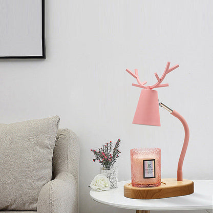 Modern Art Deco Cylinder Antler Wooden Base Iron Shade 1-Light Aromatherapy Melting Wax Table Lamp For Bedroom
