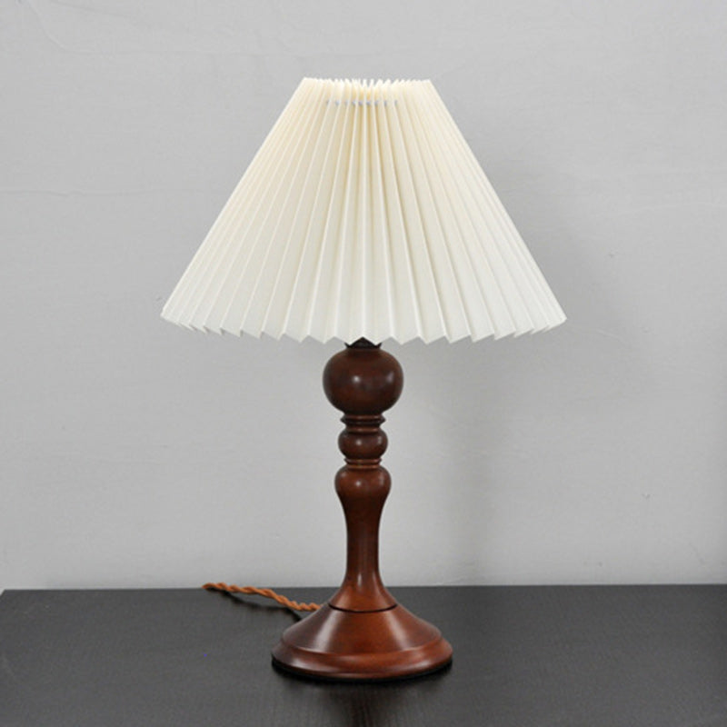 Contemporary Retro Solid Wood Base Pleated Fabric Shade 1-Light Table Lamp For Living Room