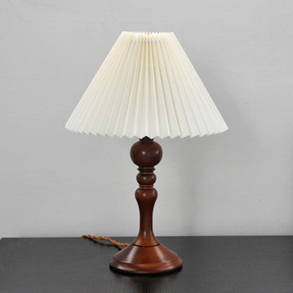 Contemporary Retro Solid Wood Base Pleated Fabric Shade 1-Light Table Lamp For Living Room