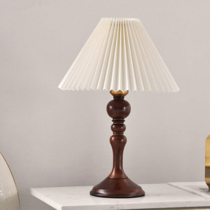 Contemporary Retro Solid Wood Base Pleated Fabric Shade 1-Light Table Lamp For Living Room