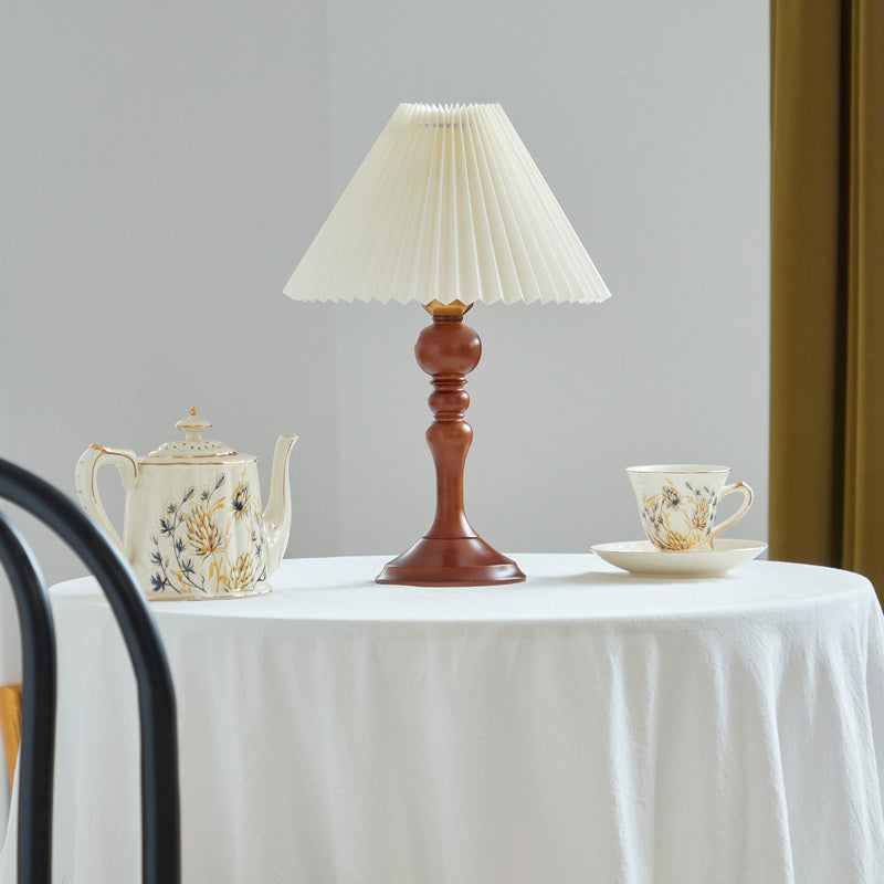Contemporary Retro Solid Wood Base Pleated Fabric Shade 1-Light Table Lamp For Living Room
