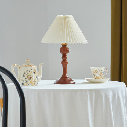 Contemporary Retro Solid Wood Base Pleated Fabric Shade 1-Light Table Lamp For Living Room