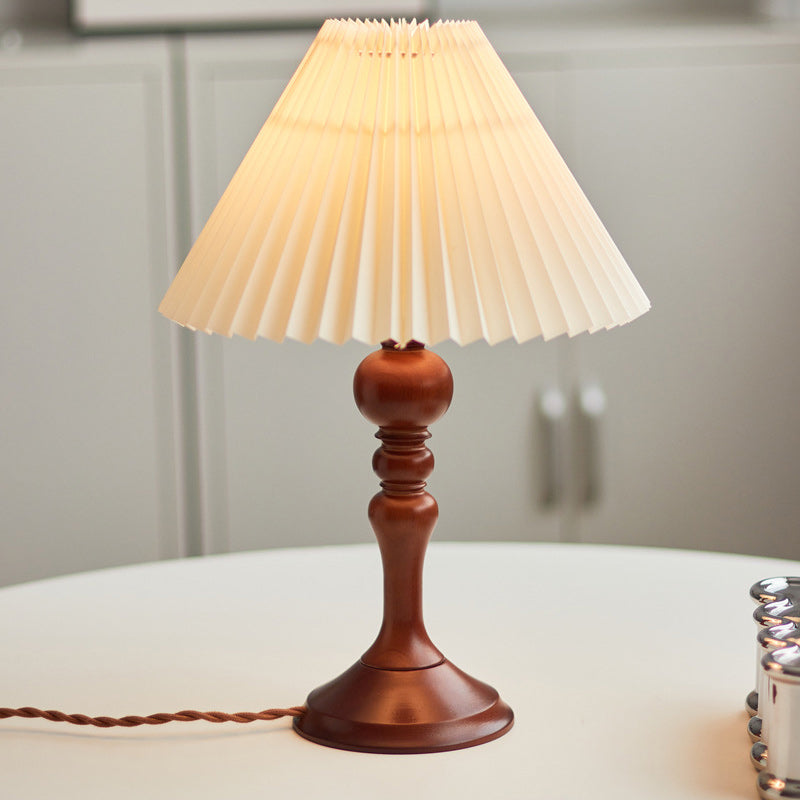 Contemporary Retro Solid Wood Base Pleated Fabric Shade 1-Light Table Lamp For Living Room