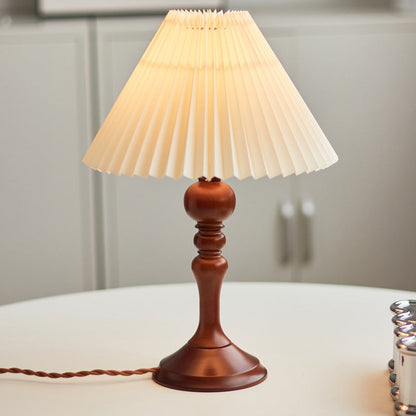 Contemporary Retro Solid Wood Base Pleated Fabric Shade 1-Light Table Lamp For Living Room