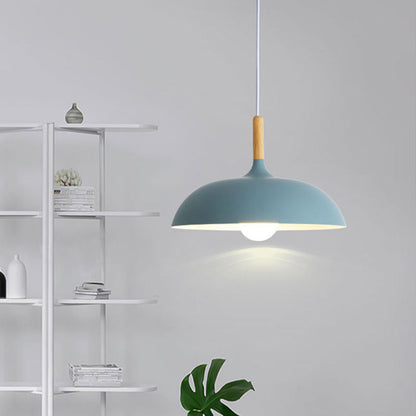 Modern Minimalist Round Pot Lid Shape Solid Wood Aluminum 1-Light Pendant Light For Living Room