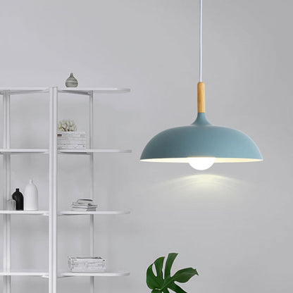 Modern Minimalist Round Pot Lid Shape Solid Wood Aluminum 1-Light Pendant Light For Living Room