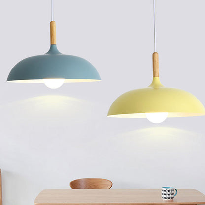 Modern Minimalist Round Pot Lid Shape Solid Wood Aluminum 1-Light Pendant Light For Living Room