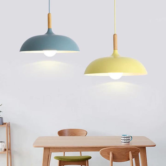 Modern Minimalist Round Pot Lid Shape Solid Wood Aluminum 1-Light Pendant Light For Living Room