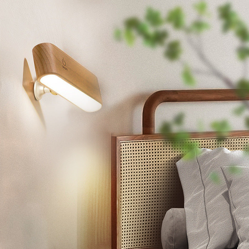 Modern Minimalist Magnetic Rectangular Wood LED Wall Sconce Lamp For Bedroom