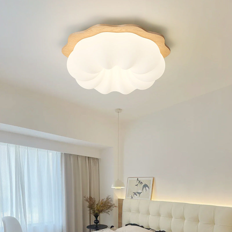 Modern Minimalist Pumpkin Cloud Shape Solid Wood Plastic LED Flush Mount Ceiling Light For Bedroom