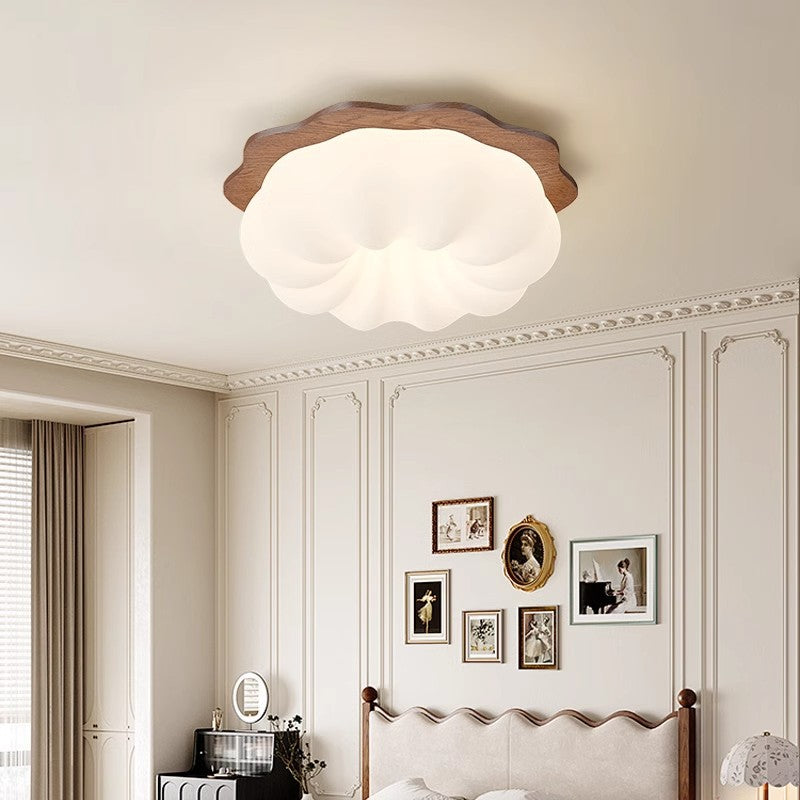 Modern Minimalist Pumpkin Cloud Shape Solid Wood Plastic LED Flush Mount Ceiling Light For Bedroom