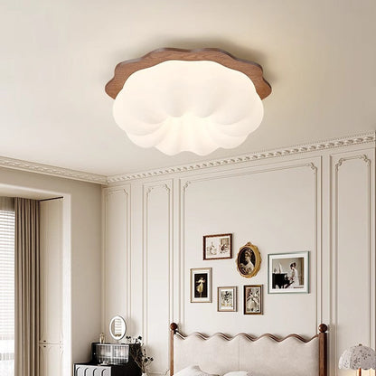 Modern Minimalist Pumpkin Cloud Shape Solid Wood Plastic LED Flush Mount Ceiling Light For Bedroom