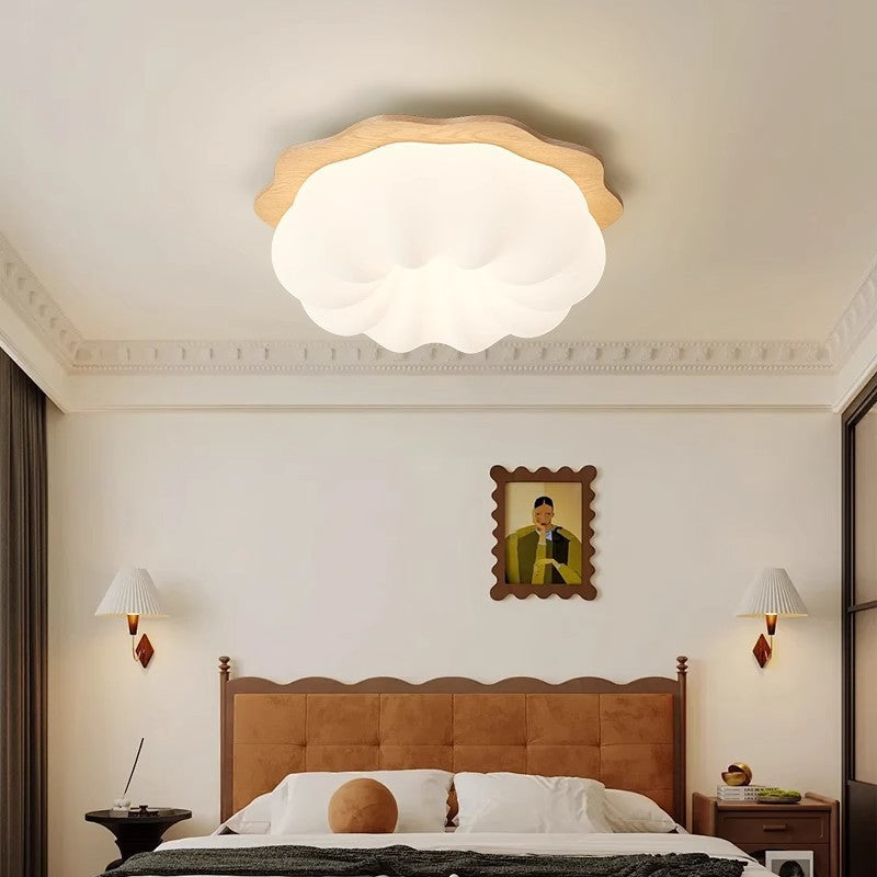 Modern Minimalist Pumpkin Cloud Shape Solid Wood Plastic LED Flush Mount Ceiling Light For Bedroom