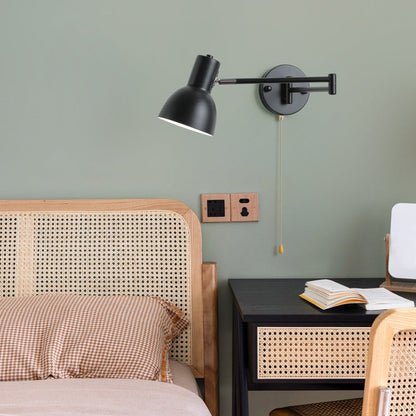 Modern Minimalist Swing Arm Round Cylinder Iron Fabric 1-Light Wall Sconce Lamp For Bedroom