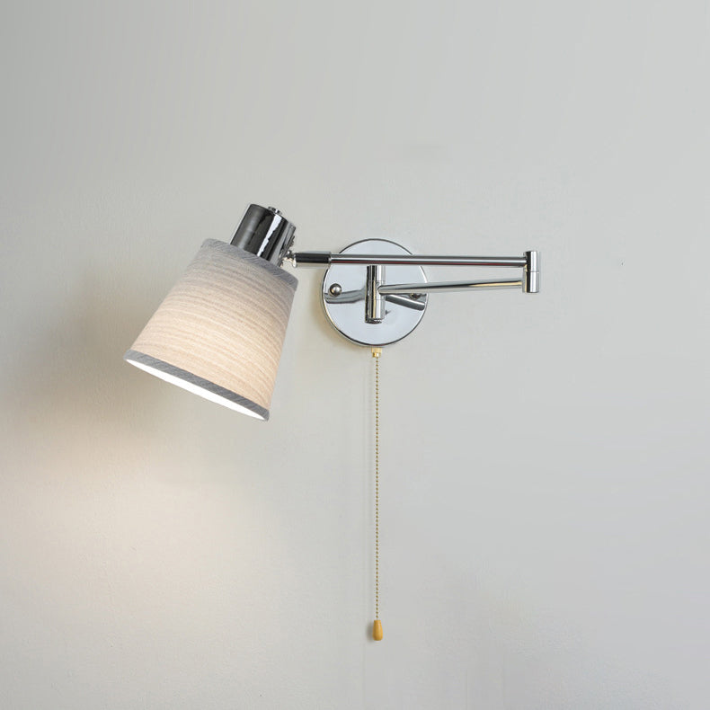 Modern Minimalist Swing Arm Round Cylinder Iron Fabric 1-Light Wall Sconce Lamp For Bedroom