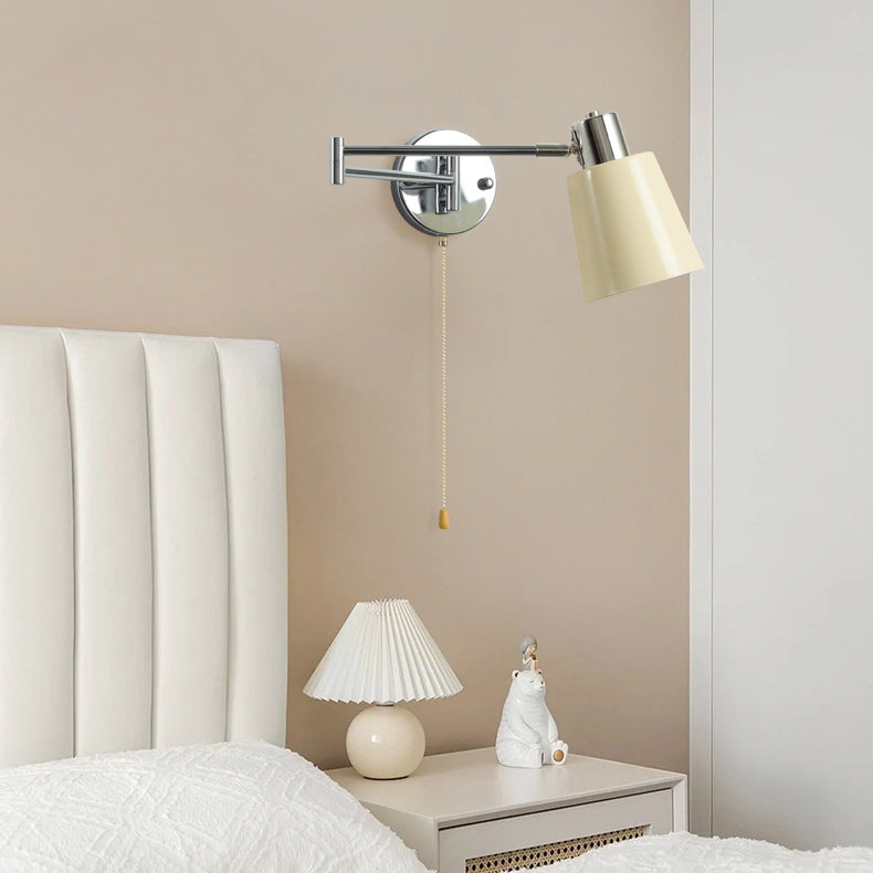 Modern Minimalist Swing Arm Round Cylinder Iron Fabric 1-Light Wall Sconce Lamp For Bedroom