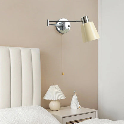 Modern Minimalist Swing Arm Round Cylinder Iron Fabric 1-Light Wall Sconce Lamp For Bedroom