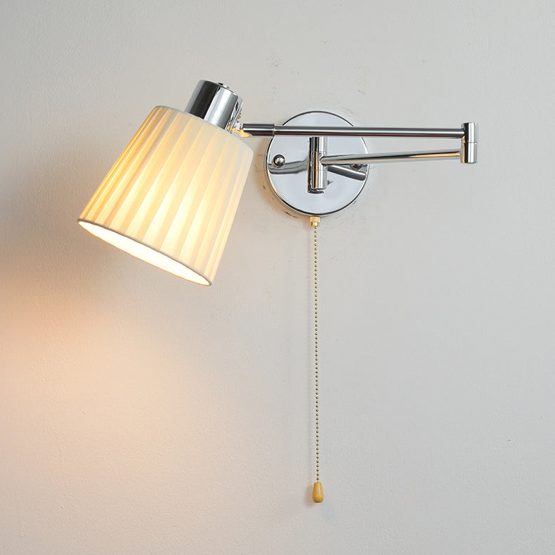 Modern Minimalist Swing Arm Round Cylinder Iron Fabric 1-Light Wall Sconce Lamp For Bedroom