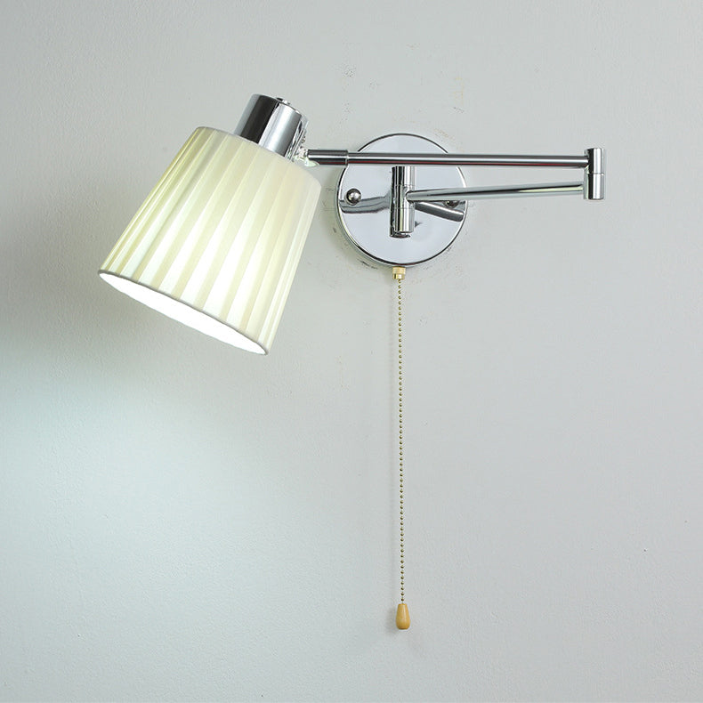Modern Minimalist Swing Arm Round Cylinder Iron Fabric 1-Light Wall Sconce Lamp For Bedroom