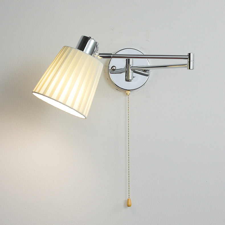 Modern Minimalist Swing Arm Round Cylinder Iron Fabric 1-Light Wall Sconce Lamp For Bedroom