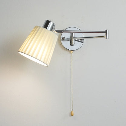 Modern Minimalist Swing Arm Round Cylinder Iron Fabric 1-Light Wall Sconce Lamp For Bedroom