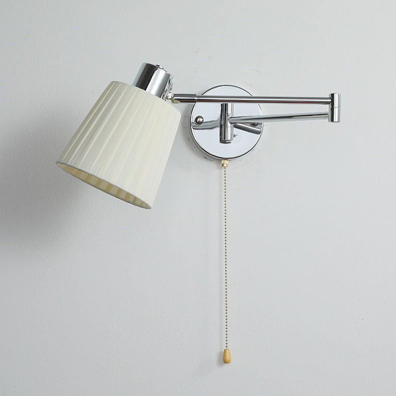 Modern Minimalist Swing Arm Round Cylinder Iron Fabric 1-Light Wall Sconce Lamp For Bedroom