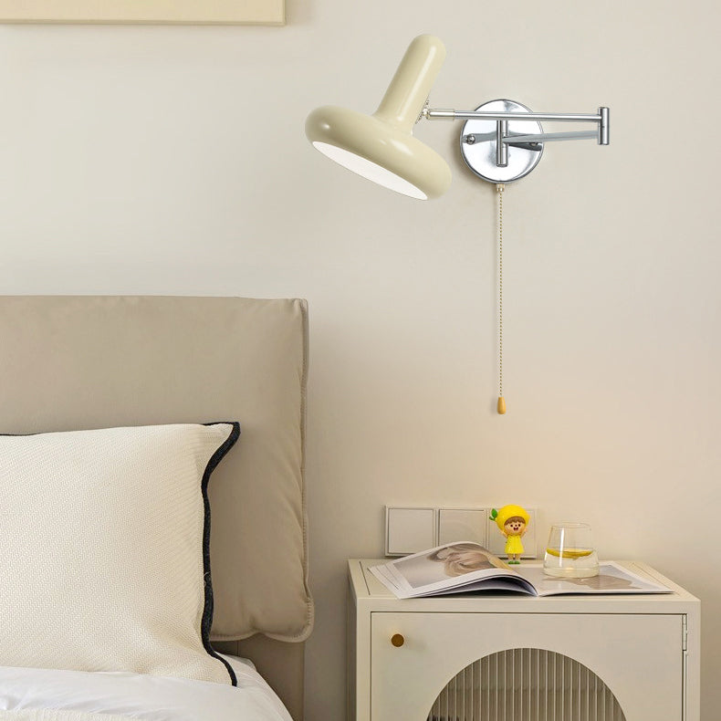 Modern Minimalist Swing Arm Round Cylinder Iron Fabric 1-Light Wall Sconce Lamp For Bedroom