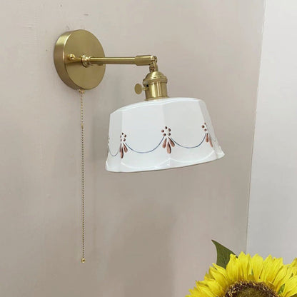 Traditional Vintage Round Hand Painted Pattern Brass Ceramic 1-Light Wall Sconce Lamp For Bedroom