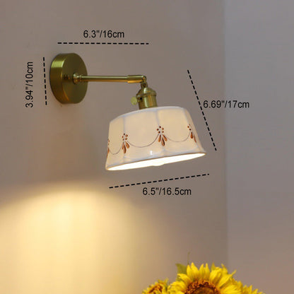 Traditional Vintage Round Hand Painted Pattern Brass Ceramic 1-Light Wall Sconce Lamp For Bedroom