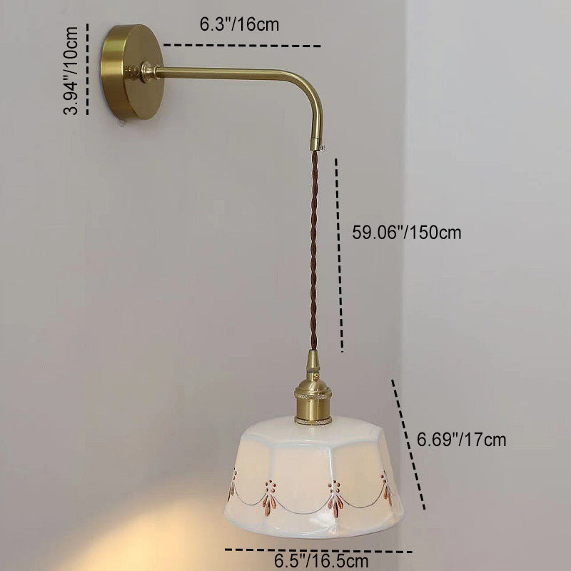 Traditional Vintage Round Hand Painted Pattern Brass Ceramic 1-Light Wall Sconce Lamp For Bedroom