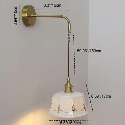 Traditional Vintage Round Hand Painted Pattern Brass Ceramic 1-Light Wall Sconce Lamp For Bedroom
