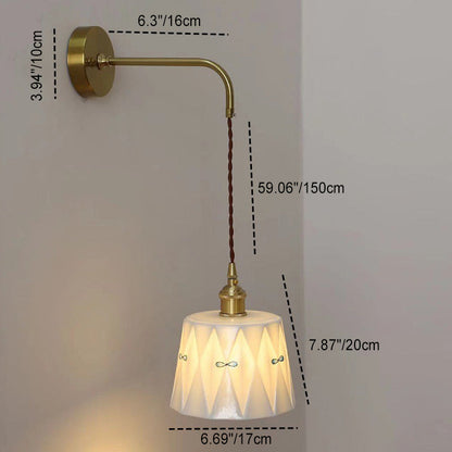 Traditional Vintage Round Hand Painted Pattern Brass Ceramic 1-Light Wall Sconce Lamp For Bedroom
