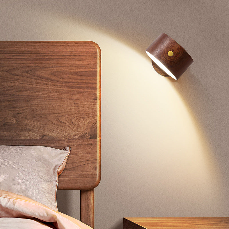 Modern Minimalist USB Rechargeable Round Metal Solid Wood Plastic LED Wall Sconce Lamp For Bedroom