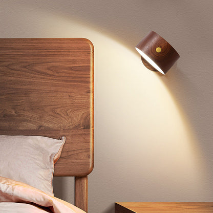 Modern Minimalist USB Rechargeable Round Metal Solid Wood Plastic LED Wall Sconce Lamp For Bedroom
