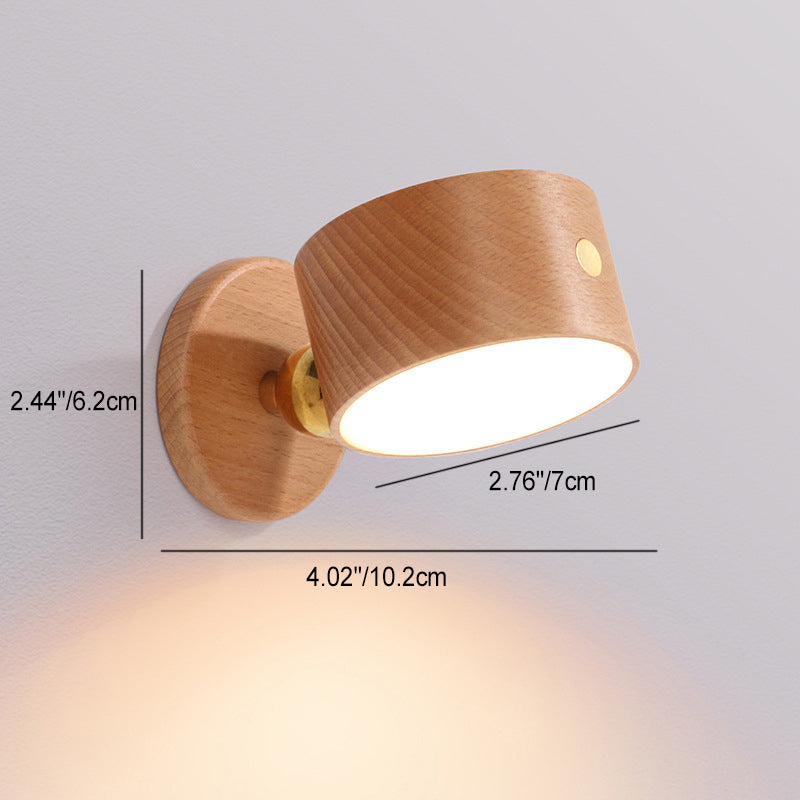 Modern Minimalist USB Rechargeable Round Metal Solid Wood Plastic LED Wall Sconce Lamp For Bedroom