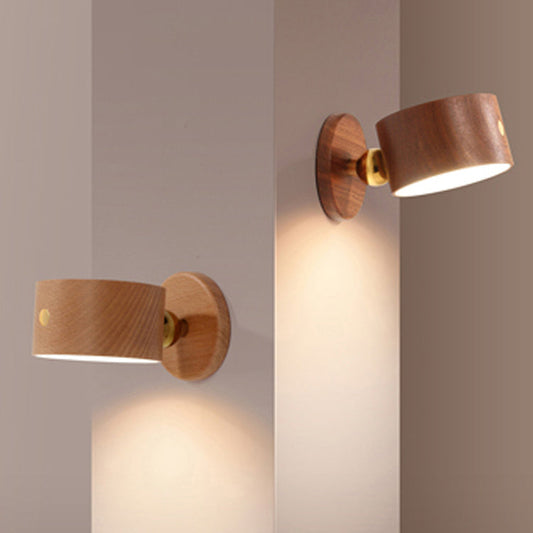 مصباح حائط LED دائري معدني من الخشب الصلب والبلاستيك قابل لإعادة الشحن عبر USB بتصميم عصري بسيط لغرفة النوم 