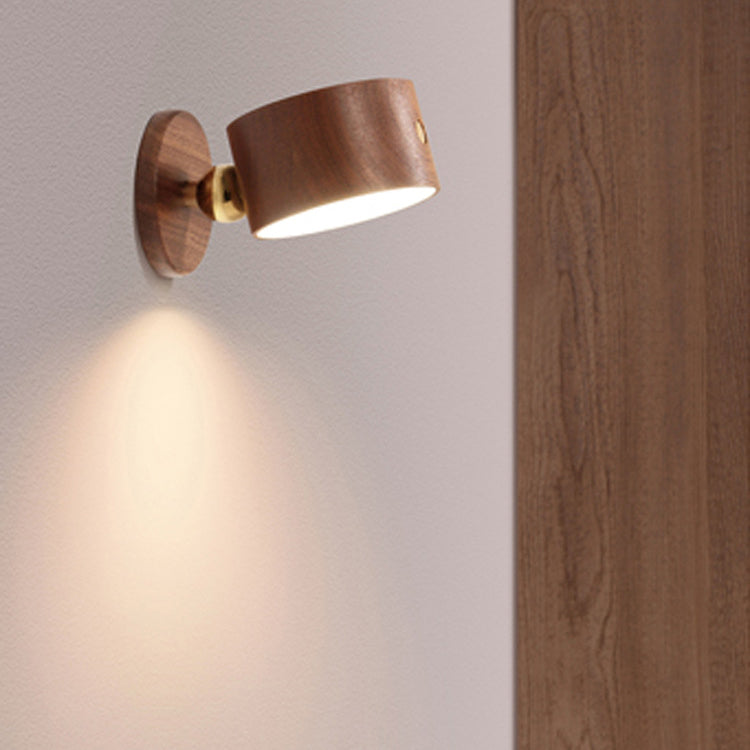Modern Minimalist USB Rechargeable Round Metal Solid Wood Plastic LED Wall Sconce Lamp For Bedroom