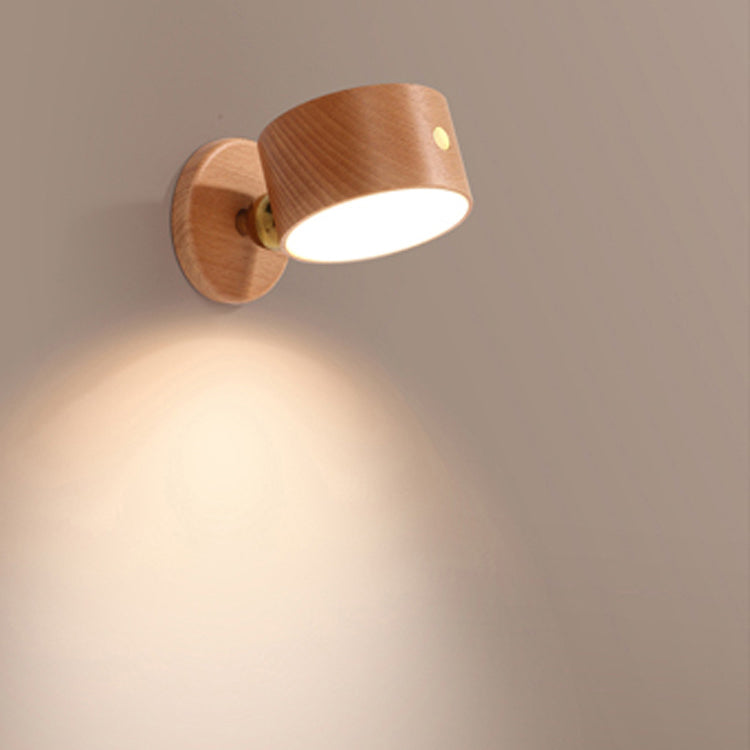 Modern Minimalist USB Rechargeable Round Metal Solid Wood Plastic LED Wall Sconce Lamp For Bedroom