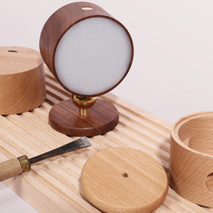Modern Minimalist USB Rechargeable Round Metal Solid Wood Plastic LED Wall Sconce Lamp For Bedroom