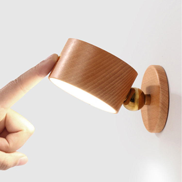 Modern Minimalist USB Rechargeable Round Metal Solid Wood Plastic LED Wall Sconce Lamp For Bedroom