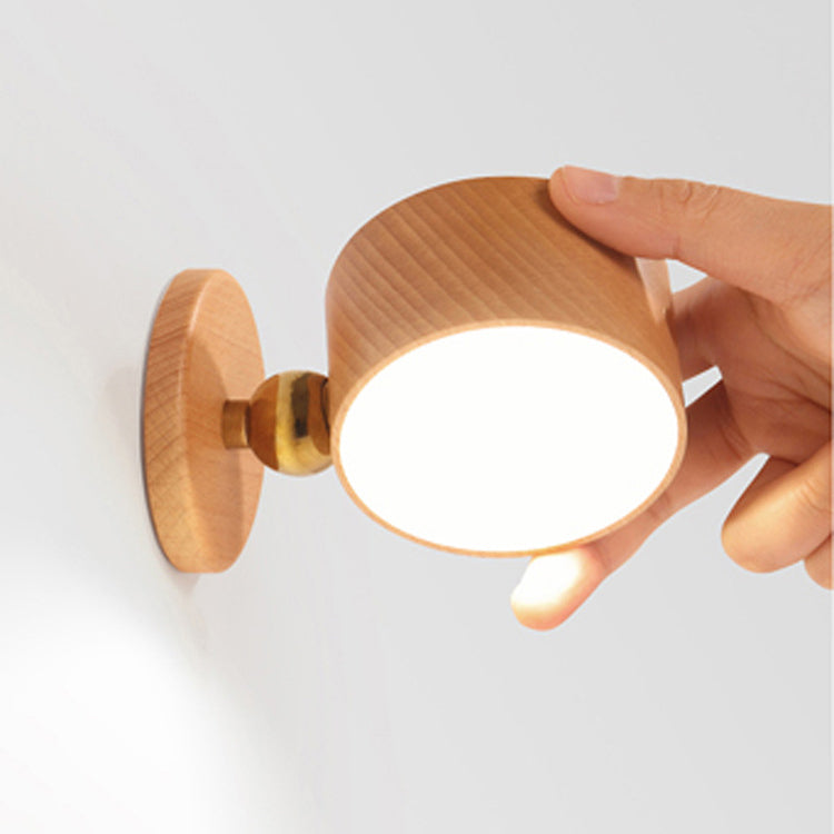 Modern Minimalist USB Rechargeable Round Metal Solid Wood Plastic LED Wall Sconce Lamp For Bedroom