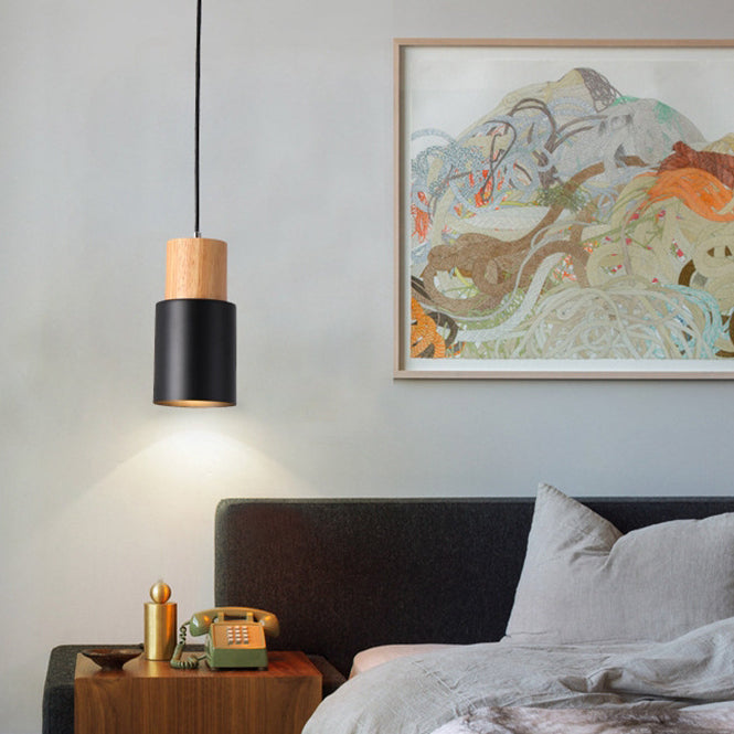 Modern Minimalist Round Cylinder Solid Wood Hardware 1-Light Pendant Light For Living Room
