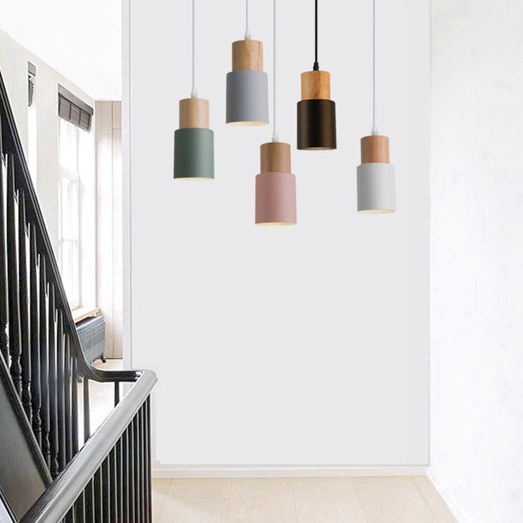 Modern Minimalist Round Cylinder Solid Wood Hardware 1-Light Pendant Light For Living Room